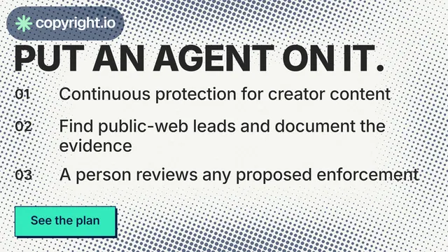 Landscape graphic for copyright.io: "Put an agent on it." Brutalist style, numbered layout, light palette in white, grey.