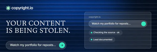 X header for copyright.io: "Your content is being stolen." Agentic glass style, bottom layout, dark palette in blue, black.