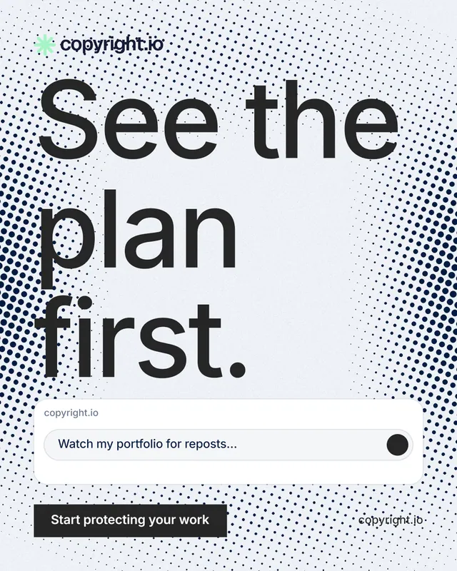 Instagram portrait post for copyright.io: "See the plan first." Split block style, poster layout, light palette in blue, white, grey.