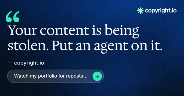 Social ad for copyright.io: "Your content is being stolen." Agentic glass style, quote layout, dark palette in blue, black.