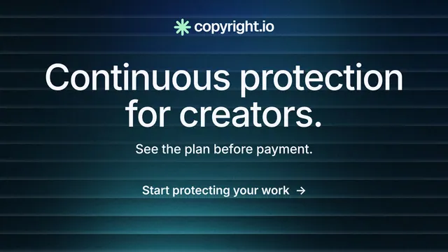 Landscape graphic for copyright.io: "Continuous protection for creators." Minimal luxury style, centred layout, dark palette in black, blue, teal.
