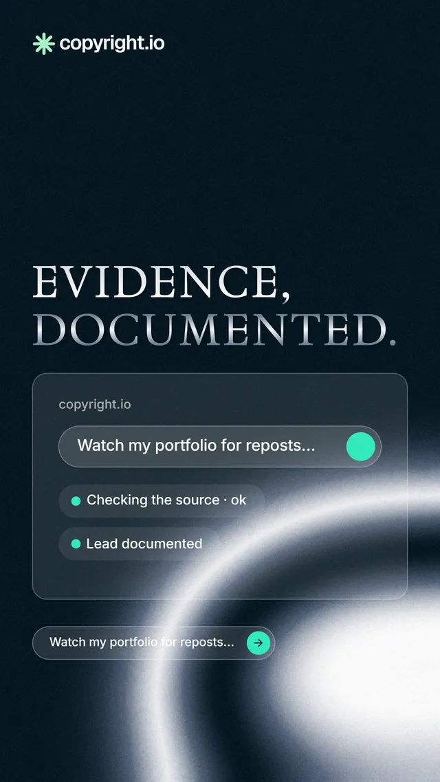 Instagram story for copyright.io: "Evidence, documented." Agentic glass style, poster layout, dark palette in black, blue, grey.