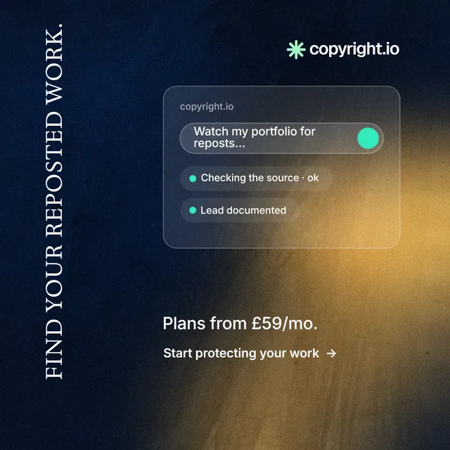 Instagram post for copyright.io: "Find your reposted work." Minimal luxury style, vertical layout, dark palette in brown, grey, black.