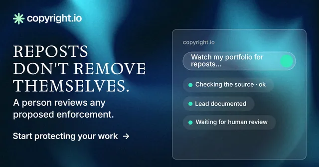 Social ad for copyright.io: "Reposts don't remove themselves." Minimal luxury style, bottom layout, dark palette in black, blue, teal.