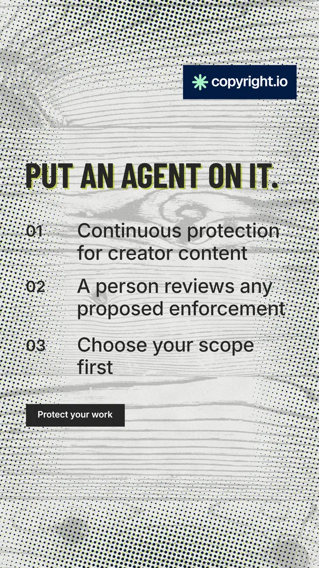 Instagram story for copyright.io: "Put an agent on it." Retro print style, numbered layout, light palette in grey, white.