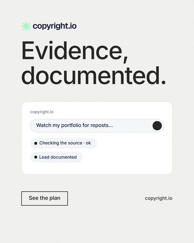 Instagram portrait post for copyright.io: "Evidence, documented." Editorial style, poster layout, light palette in white.