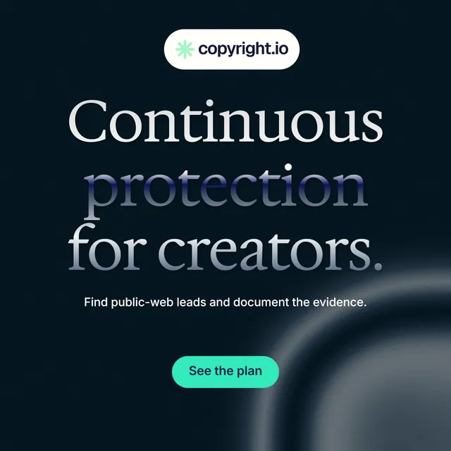 Instagram post for copyright.io: "Continuous protection for creators." Y2K style, centred layout, dark palette in black, blue, grey.