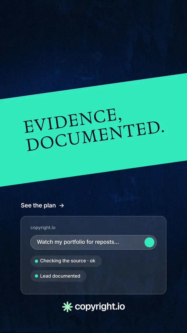 Instagram story for copyright.io: "Evidence, documented." Minimal luxury style, diagonal layout, dark palette in teal, blue, black.