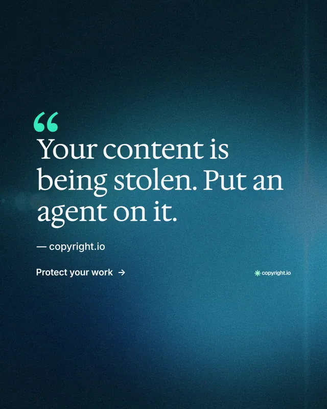 Instagram portrait post for copyright.io: "Find your reposted work." Minimal luxury style, quote layout, dark palette in black, blue.