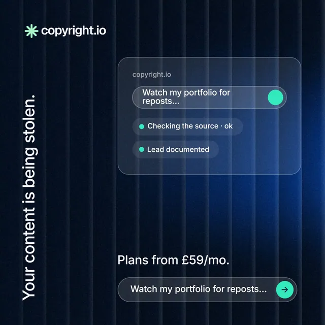 Instagram post for copyright.io: "Your content is being stolen." Agentic glass style, vertical layout, dark palette in blue, black.