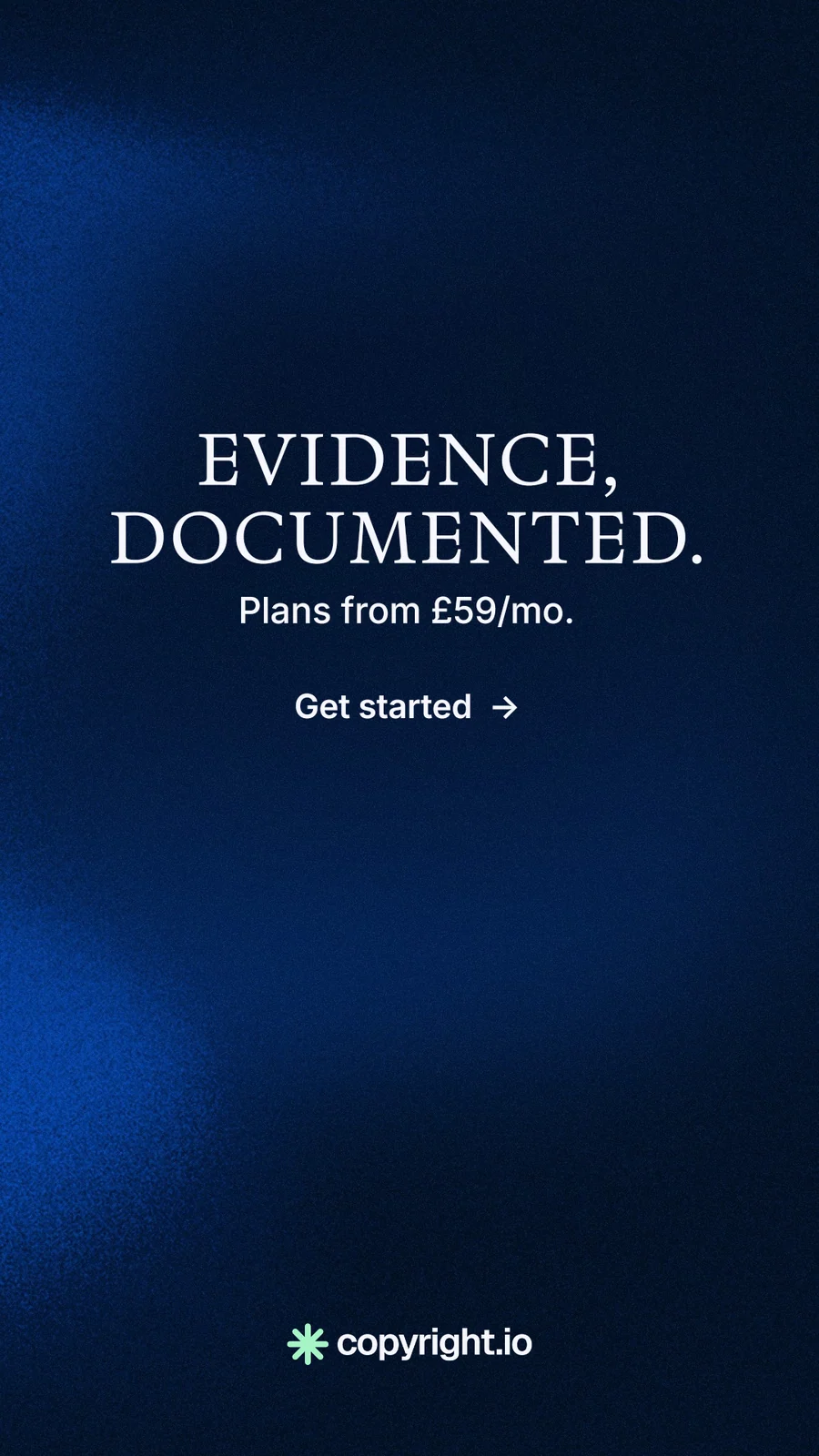 Instagram story for copyright.io: "Evidence, documented." Minimal luxury style, skeleton layout, dark palette in black, blue.
