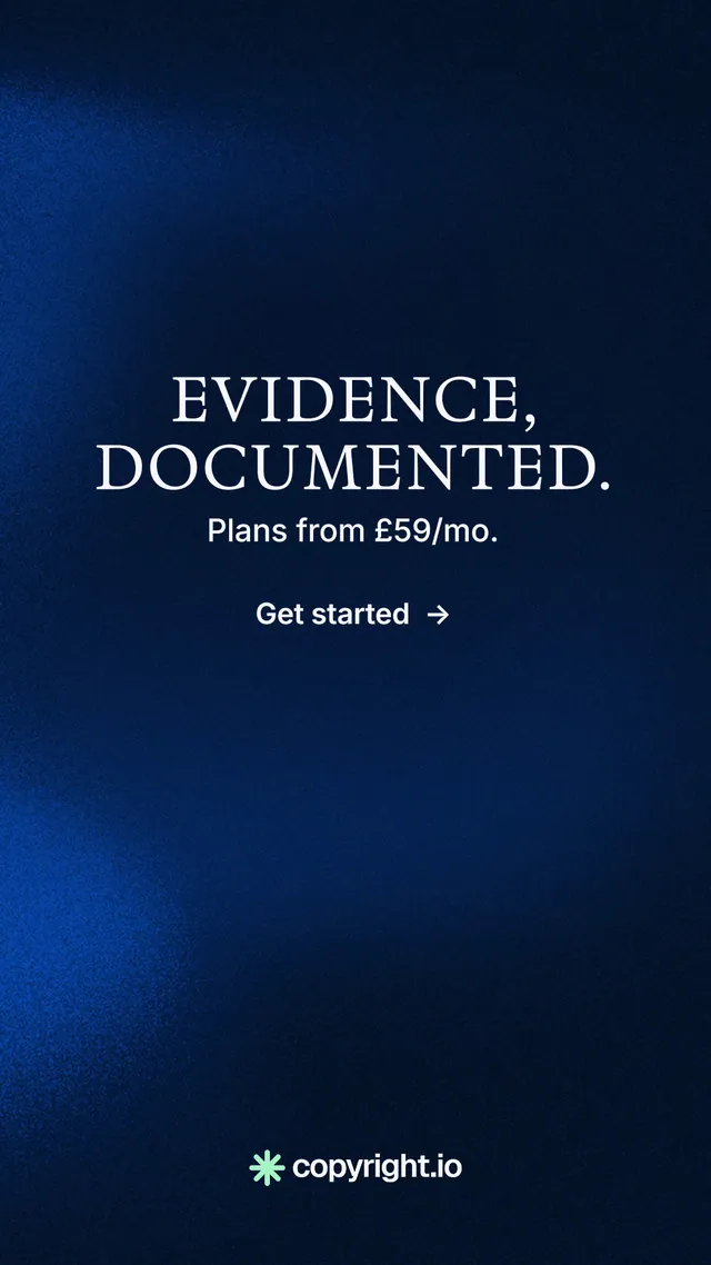 Instagram story for copyright.io: "Evidence, documented." Minimal luxury style, skeleton layout, dark palette in black, blue.