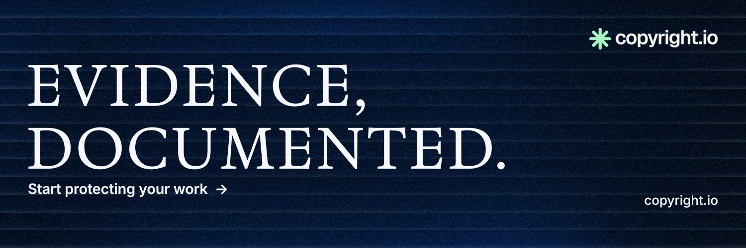 X header for copyright.io: "Evidence, documented." Minimal luxury style, poster layout, dark palette in black, blue, grey.