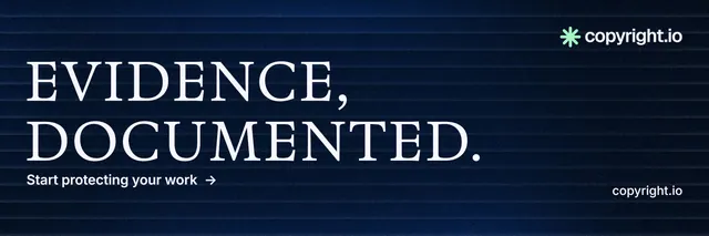 X header for copyright.io: "Evidence, documented." Minimal luxury style, poster layout, dark palette in black, blue, grey.