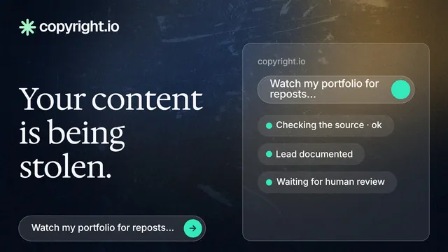 Landscape graphic for copyright.io: "Your content is being stolen." Agentic glass style, bottom layout, dark palette in blue, black, grey.