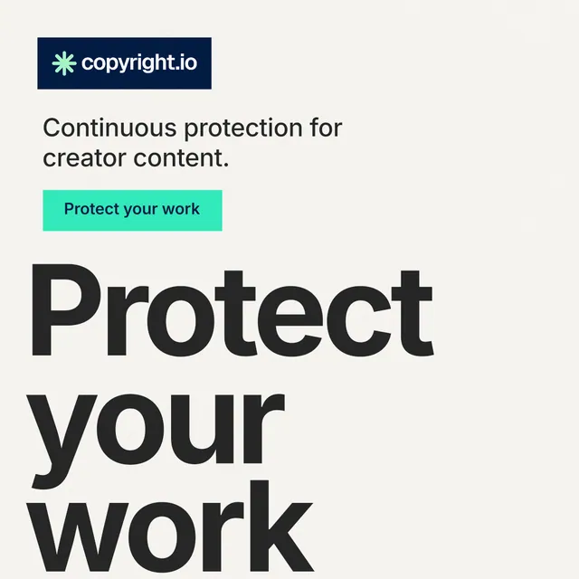 Instagram post for copyright.io: "Reposts don't remove themselves." Swiss style, oversized layout, light palette in white, grey.