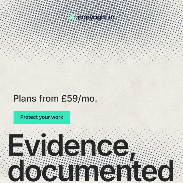 Instagram post for copyright.io: "Evidence, documented." Swiss style, oversized layout, light palette in white, yellow, grey.