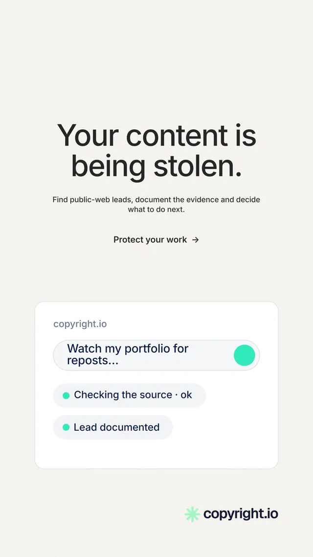 Instagram story for copyright.io: "Your content is being stolen." Minimal luxury style, centred layout, light palette in white.