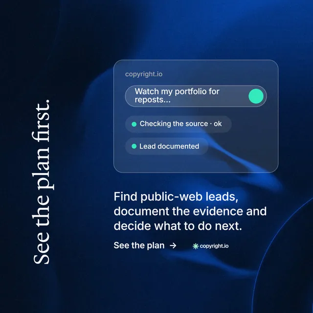 Instagram post for copyright.io: "See the plan first." Minimal luxury style, vertical layout, dark palette in blue, black.