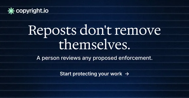 Social ad for copyright.io: "Reposts don't remove themselves." Minimal luxury style, centred layout, dark palette in blue, black.