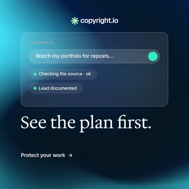 Instagram post for copyright.io: "See the plan first." Minimal luxury style, bottom layout, dark palette in black, blue, teal.