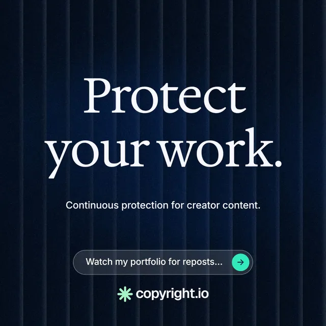Instagram post for copyright.io: "Protect your work." Agentic glass style, centred layout, dark palette in black, blue.