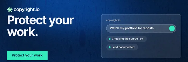 X header for copyright.io: "Protect your work." Swiss style, bottom layout, dark palette in blue.