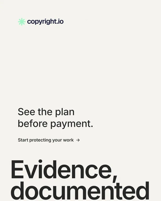 Instagram portrait post for copyright.io: "Continuous protection for creators." Minimal luxury style, oversized layout, light palette in white, grey.