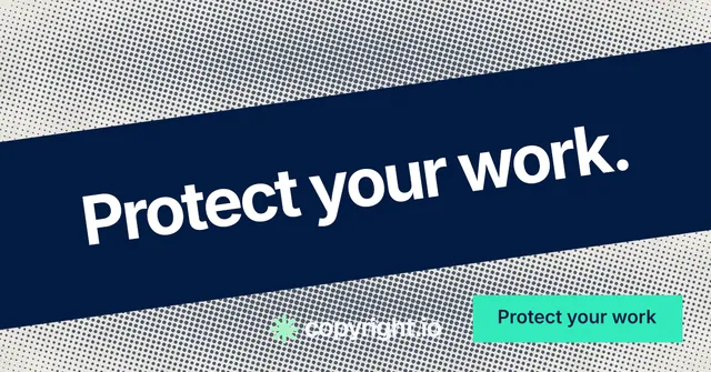 Social ad for copyright.io: "Protect your work." Swiss style, diagonal layout, light palette in blue, grey.