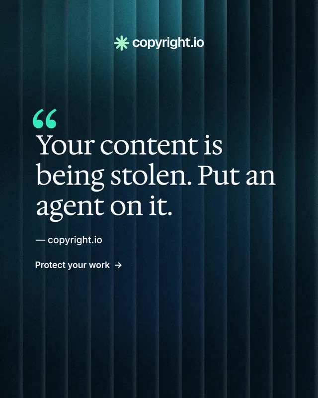 Instagram portrait post for copyright.io: "Protect your work." Minimal luxury style, quote layout, dark palette in black, blue.