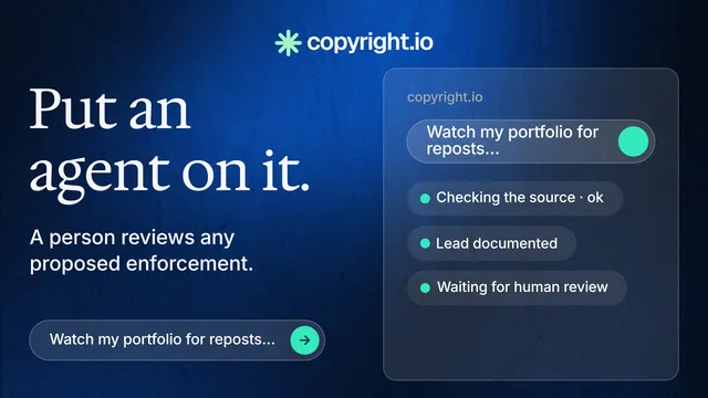Landscape graphic for copyright.io: "Put an agent on it." Agentic glass style, bottom layout, dark palette in blue, black.