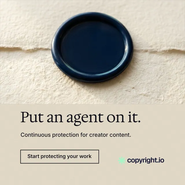 Instagram post for copyright.io: "Put an agent on it." Editorial style, bottom layout, light palette in orange, yellow, black.