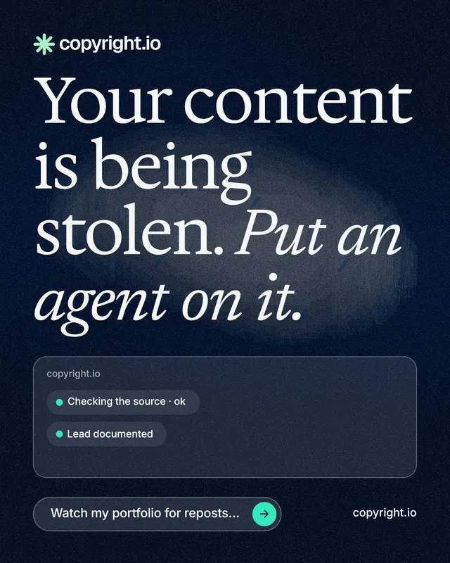 Instagram portrait post for copyright.io: "Your content is being stolen. Put an agent on it." Thermal style, poster layout, dark palette in blue, black, grey.