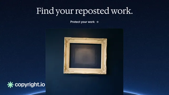 Landscape graphic for copyright.io: "Find your reposted work." Agentic glass style, ogui layout, dark palette in black, blue, grey.