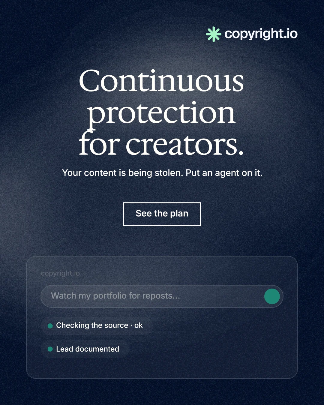 Instagram portrait post for copyright.io: "Continuous protection for creators." Cyanotype style, centred layout, dark palette in blue, black, grey.