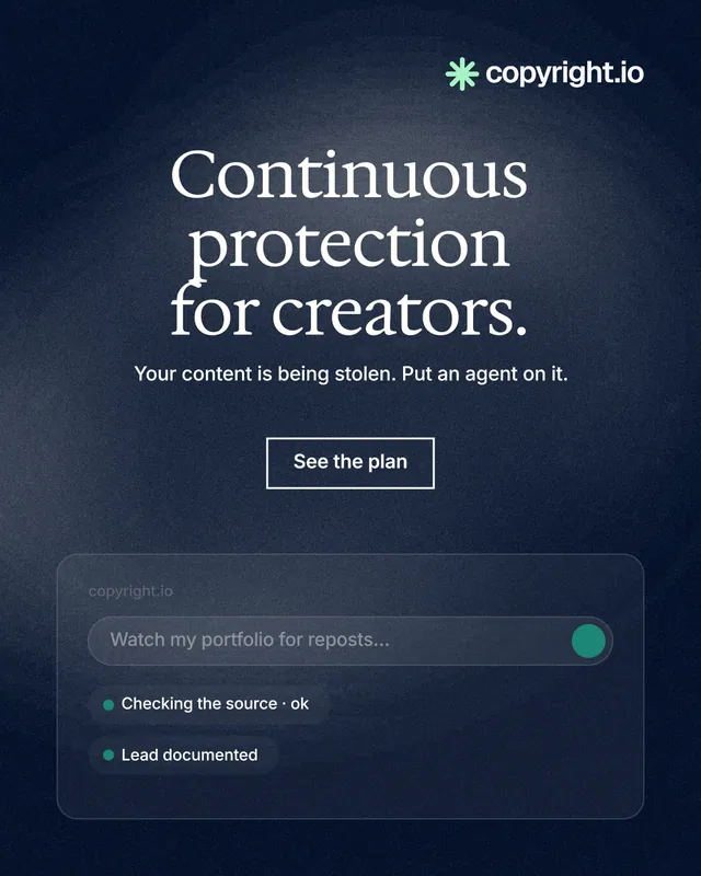 Instagram portrait post for copyright.io: "Continuous protection for creators." Cyanotype style, centred layout, dark palette in blue, black, grey.