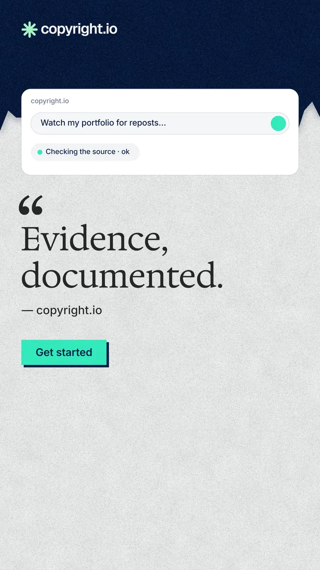 Instagram story for copyright.io: "Evidence, documented." Paper trio style, quote layout, light palette in white, blue.