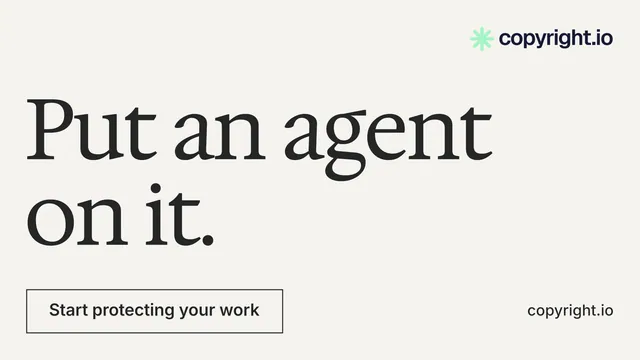 Landscape graphic for copyright.io: "Put an agent on it." Editorial style, poster layout, light palette in white, grey.