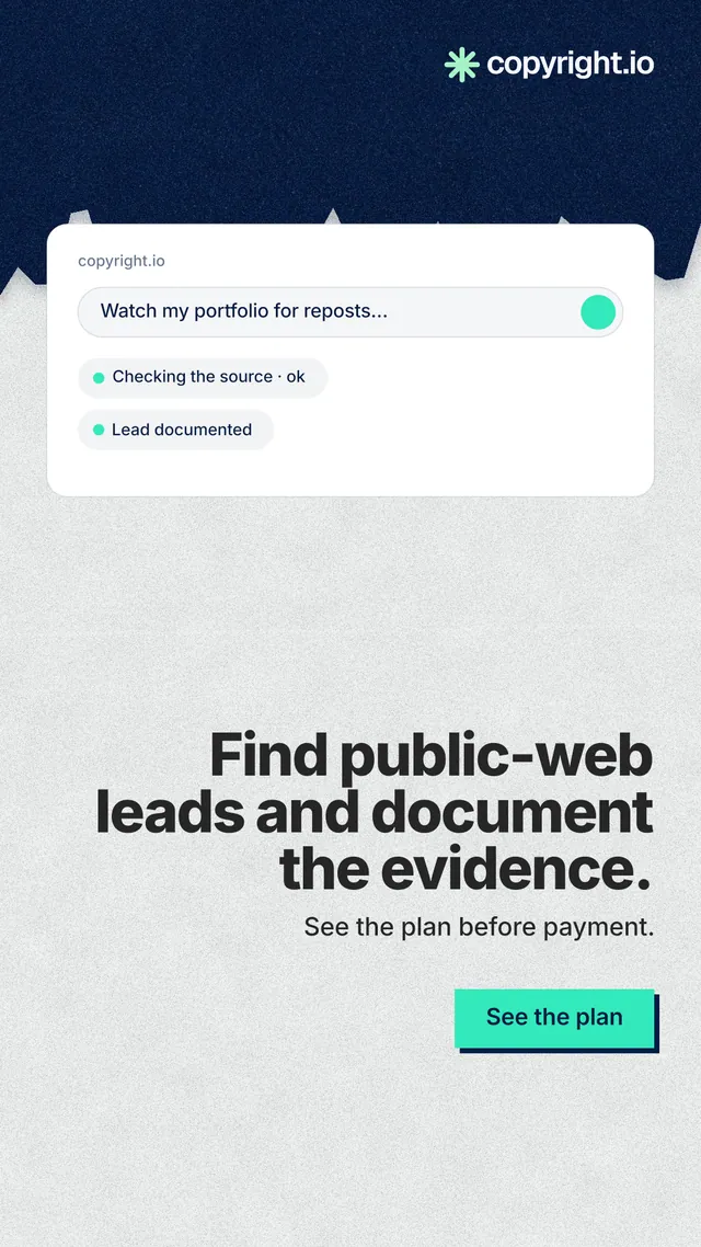 Instagram story for copyright.io: "Find public-web leads and document the evidence." Paper trio style, right layout, light palette in white, blue.