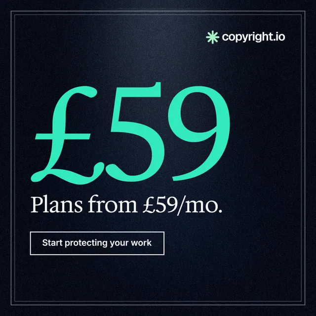 Instagram post for copyright.io: "Find your reposted work." Dark deco style, stat layout, dark palette in black, teal.