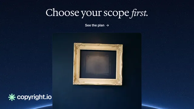 Landscape graphic for copyright.io: "Choose your scope first." Agentic glass style, ogui layout, dark palette in blue, black, grey.