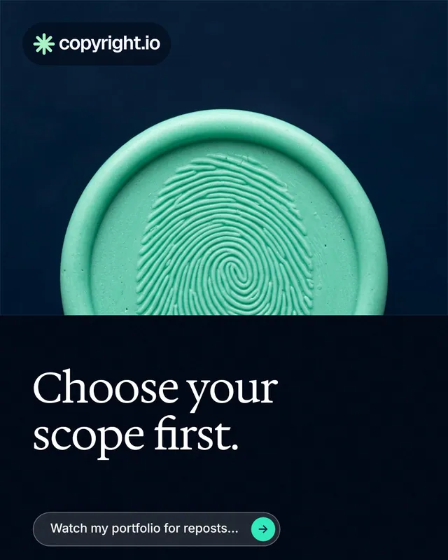 Instagram portrait post for copyright.io: "Choose your scope first." Agentic glass style, bottom layout, dark palette in black, blue, teal.