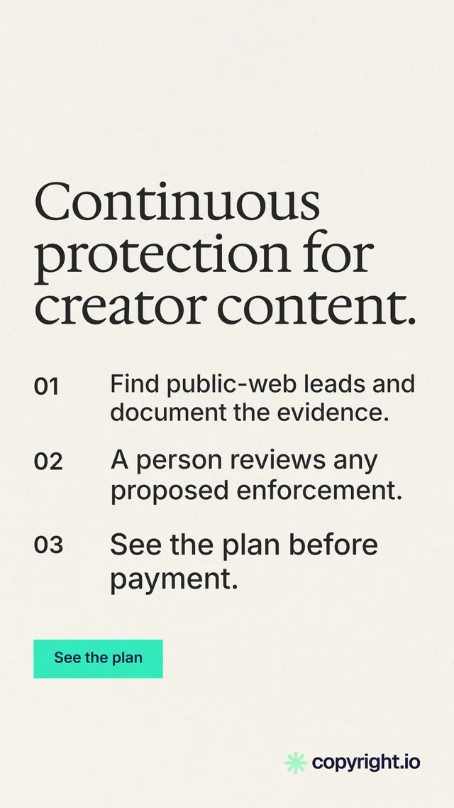 Instagram story for copyright.io: "Continuous protection for creator content." Swiss style, numbered layout, light palette in white, grey.