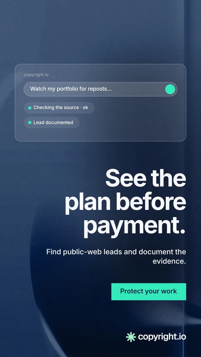 Instagram story for copyright.io: "See the plan before payment." Swiss style, right layout, dark palette in blue, black.