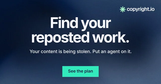Social ad for copyright.io: "Find your reposted work." Swiss style, centred layout, dark palette in blue, black, teal.
