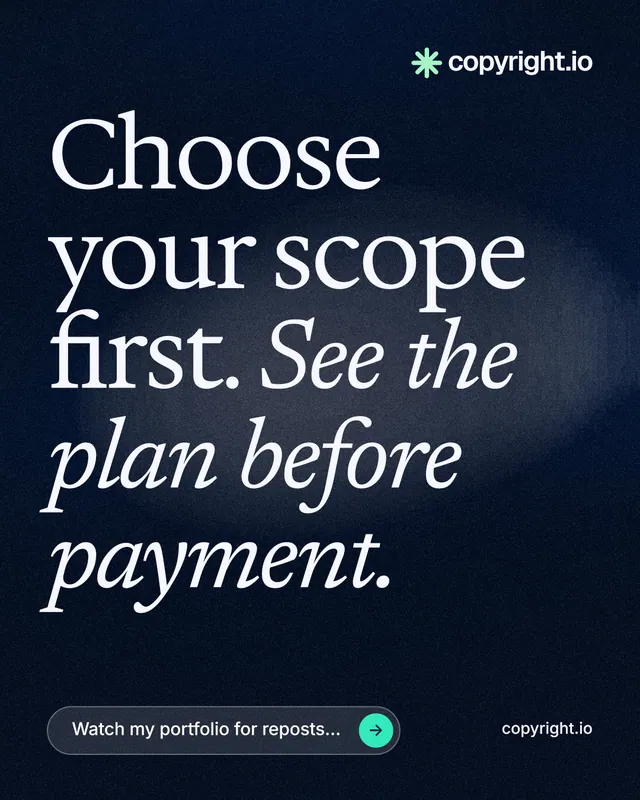 Instagram portrait post for copyright.io: "Choose your scope first. See the plan before payment." Thermal style, poster layout, dark palette in black, blue, grey.