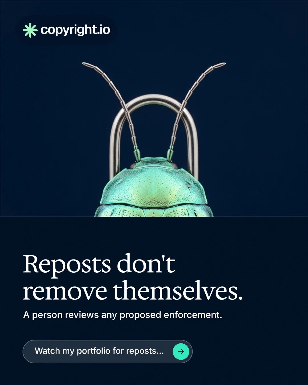 Instagram portrait post for copyright.io: "Reposts don't remove themselves." Agentic glass style, bottom layout, dark palette in black, blue.