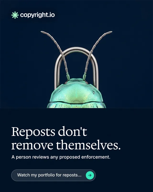 Instagram portrait post for copyright.io: "Reposts don't remove themselves." Agentic glass style, bottom layout, dark palette in black, blue.