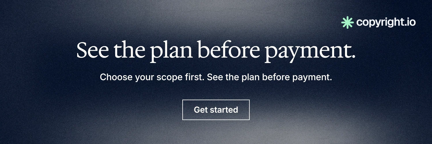 X header for copyright.io: "See the plan before payment." Cyanotype style, centred layout, dark palette in grey, blue, black.