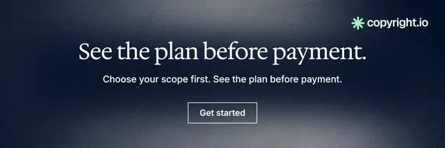 X header for copyright.io: "See the plan before payment." Cyanotype style, centred layout, dark palette in grey, blue, black.